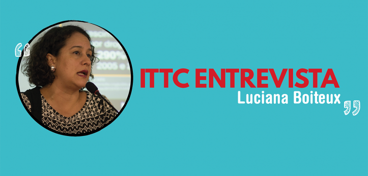Arte com o título ITTC Entrevista Luciana Boiteux, no lado esquerdo há uma foto de Luciana dentro de um círculo, o fundo da arte é azul.