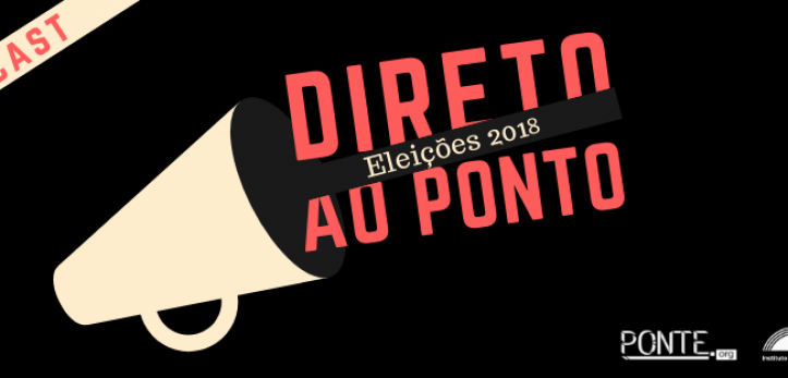 Capa do podcast 'Direto ao Ponto Eleições 2018', realizado pelo ITTC e Ponte Jornalismo. Na arte há um megafone amarelo e saindo dele o nome do podcast.