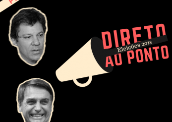 Capa do podcast 'Direto ao Ponto' sobre as eleições 2018. A imagem tem fundo preto e um megafone de onde sai o nome do podcast no lado esquerdo há a foto de Haddad e Bolsonaro em preto e branco.