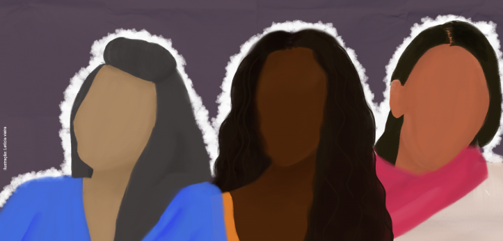 Ilustração de três mulheres negras latinas e caribenhas, sem o rosto em um fundo roxo de papel dobrado, em volta das mulheres há um contorno branco.
